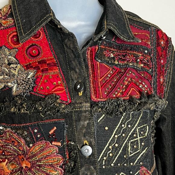 CHICO’S vintage heavy beaded embroidered embellished jean jacket US size 4 - Picture 5 of 8
